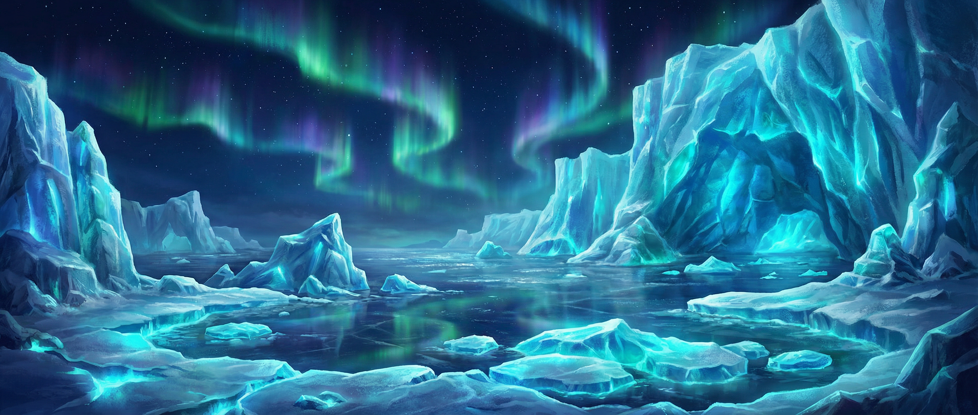 捕鱼游戏 冰川裂隙极地背景 - 极光与冰川交汇的壮丽景象